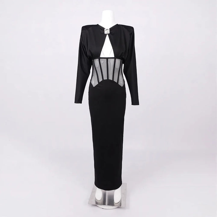 Maxi Dress with Mesh Corset Design and Diamond Buckle Decoration - AMOR