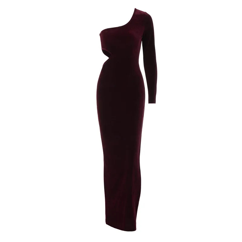 Velvet maxi dress with one sleeve and open back - Alina