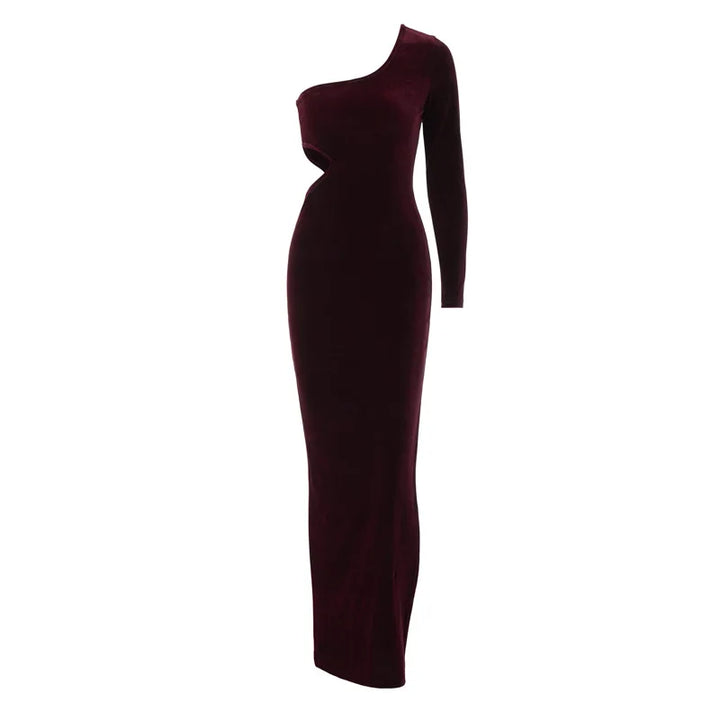Velvet maxi dress with one sleeve and open back - Alina