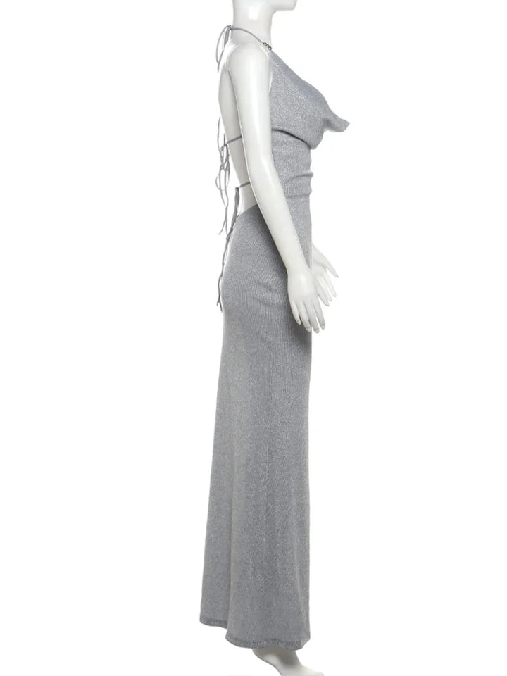 Knitted Sequin Maxi Dress with Draped Collar and Open Back - Gracie