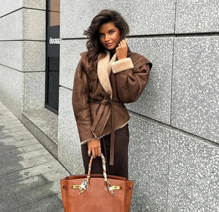 Leather coat with inner fur and belt tie design - Moran