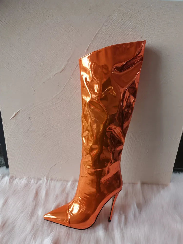 High Pointed Toe Heel Boots with Glossy Leather Design - Sloane
