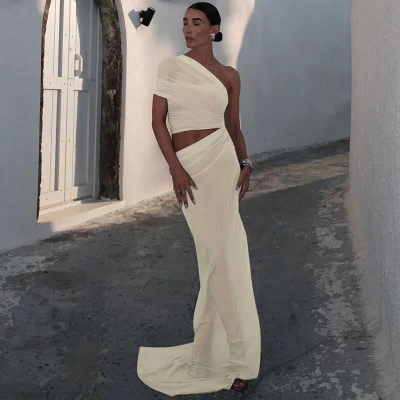 Asymmetric Chiffon Maxi Dress with Slit - Shi Lin