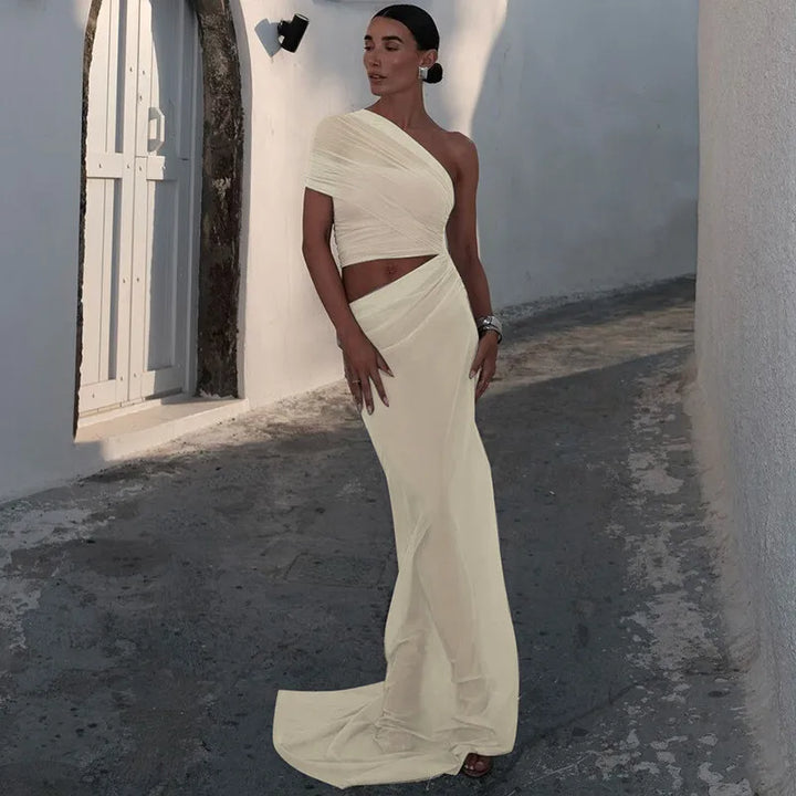 Asymmetric Chiffon Maxi Dress with Slit - Shi Lin