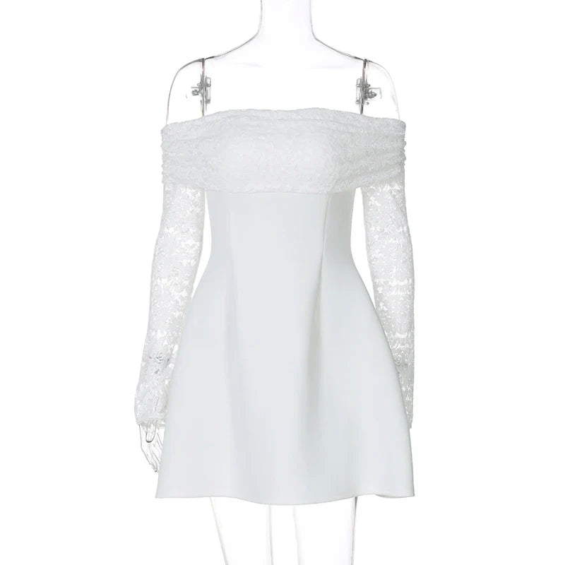 Satin mini dress with off-shoulder and lace sleeves - AMALIA