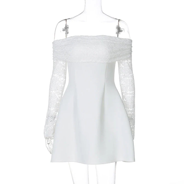 Satin mini dress with off-shoulder and lace sleeves - AMALIA