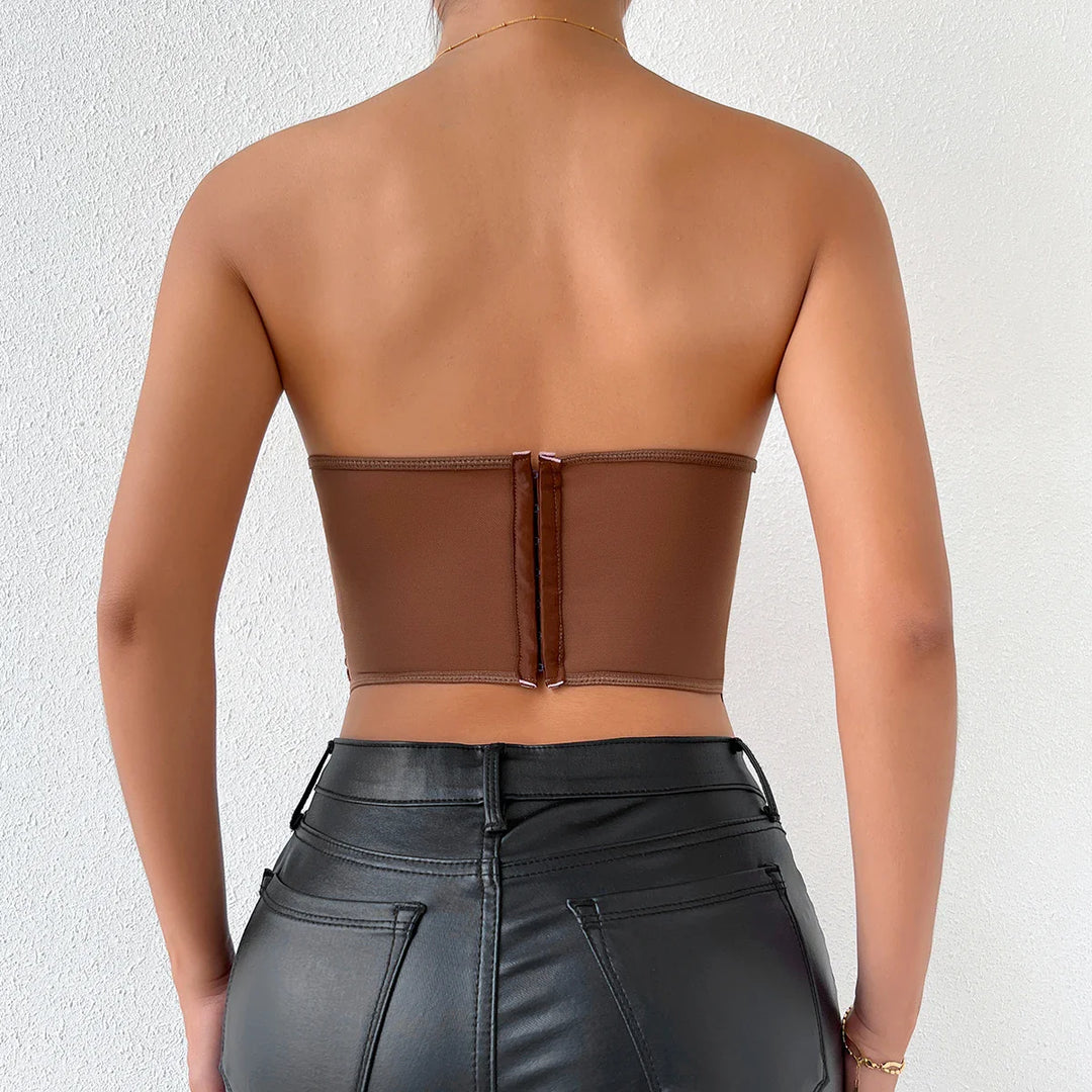 Strapless Mesh Top with Floral Embroidery - Noya Lee