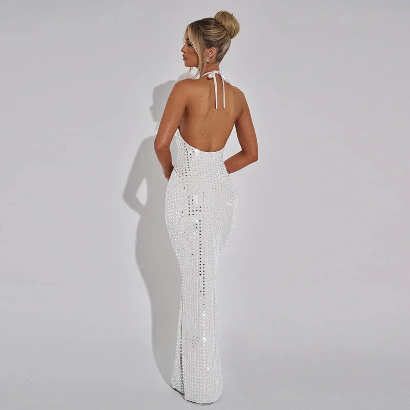 Maxi Dress with Collar, Open Back, and Sparkling Square Design - Casey