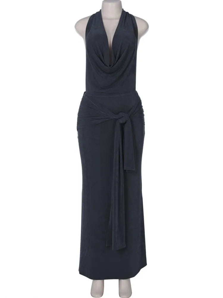 Knitted Suede Maxi Dress with Draped Collar, Open Back, and Tie Detail - Michaela