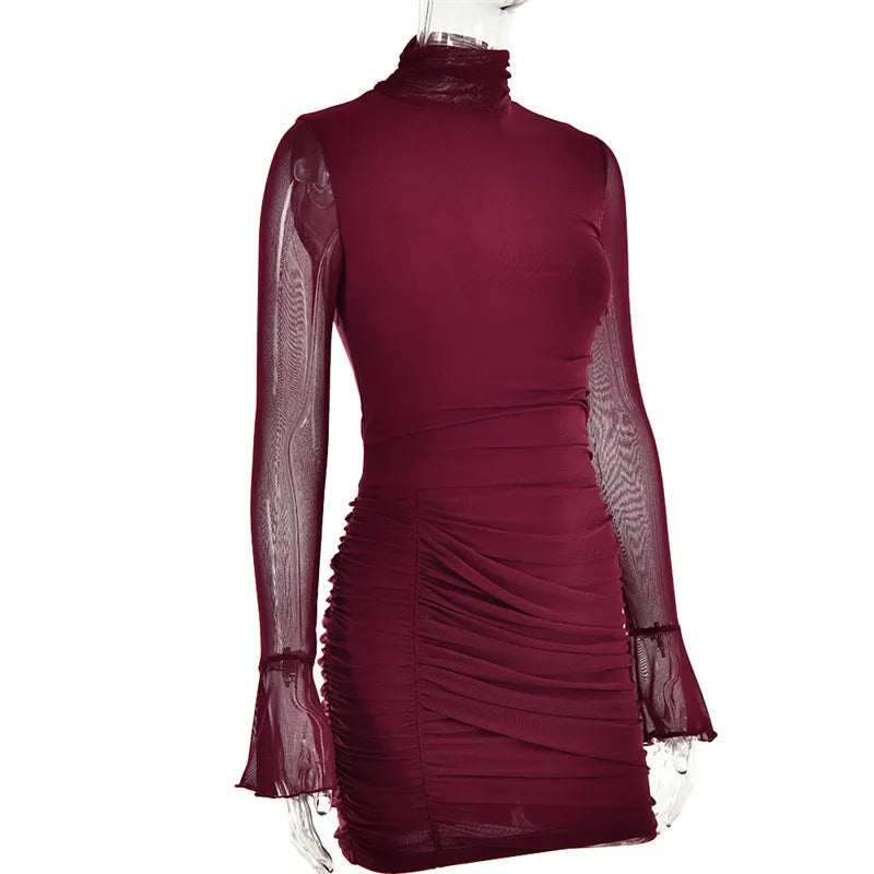 Mini pleated dress with turtleneck and chiffon bell sleeves - NARA