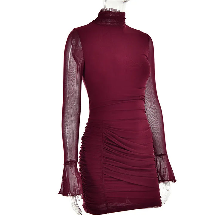 Mini pleated dress with turtleneck and chiffon bell sleeves - NARA