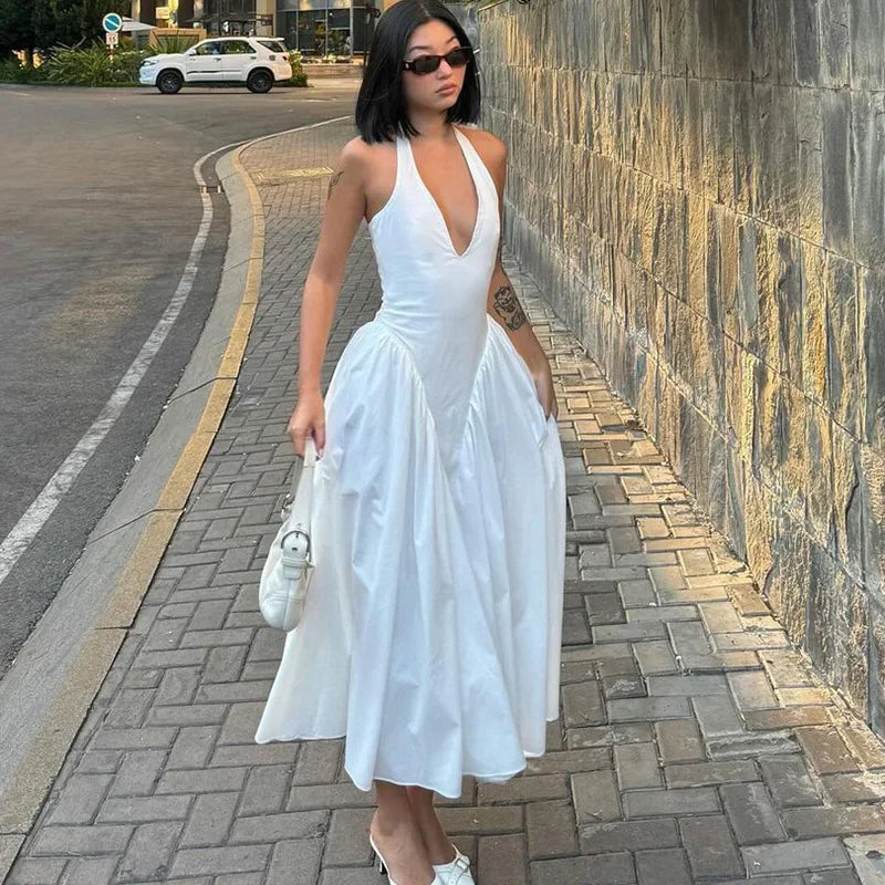 Midi A-line Dress with Neck Tie and Open Back - Makenna