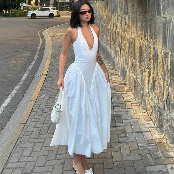 Midi A-line Dress with Neck Tie and Open Back - Makenna