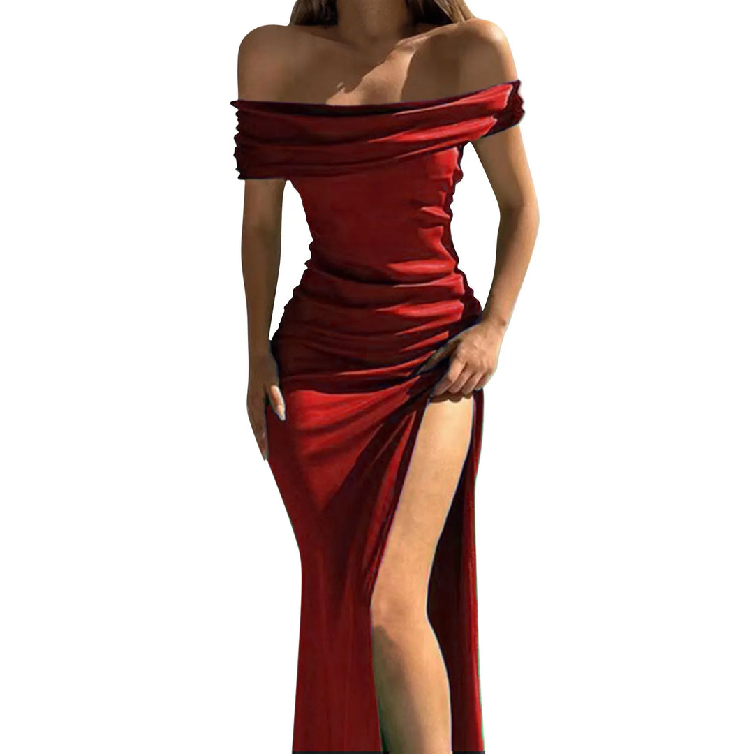 Maxi Satin Dress with Off-Shoulder Design and Slit - Harmoni