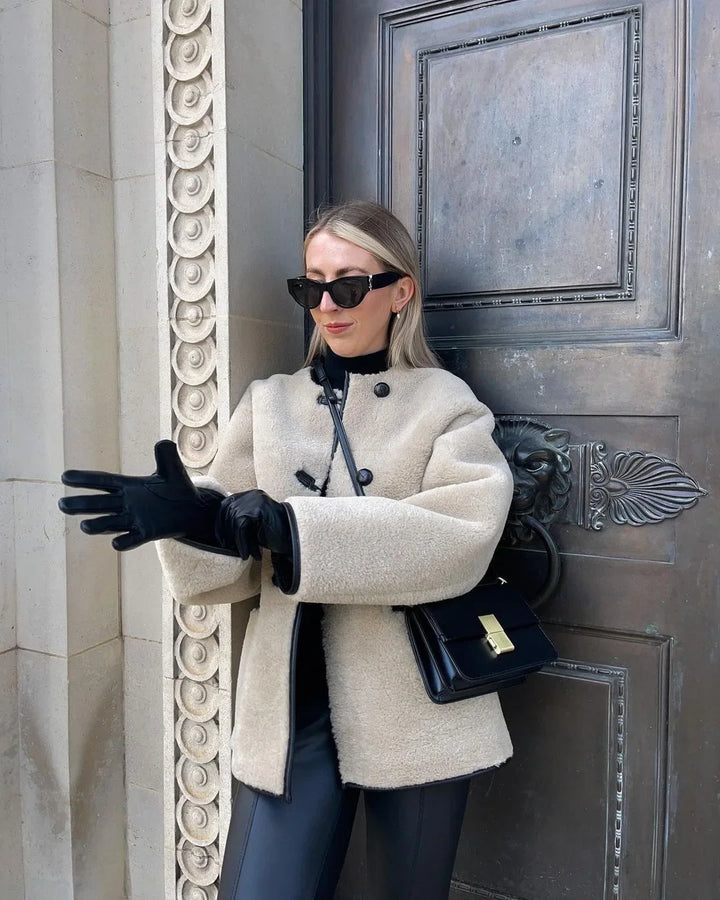 Wool Coat with Fur and Button Closure in Vintage Design - Yan