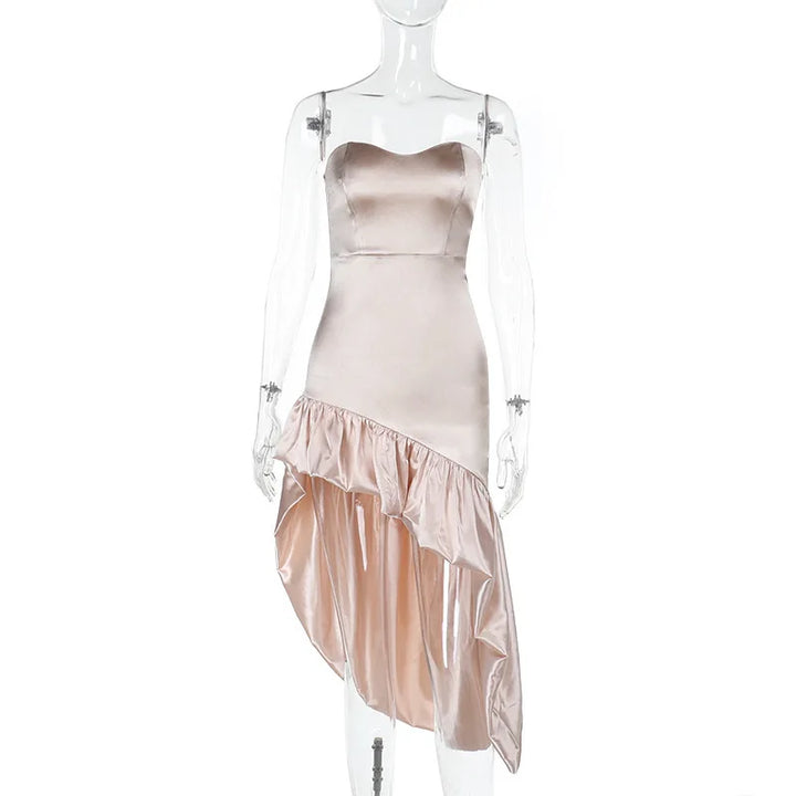 Mini Strapless Satin Ruffle Dress with Asymmetric Design - Lolita