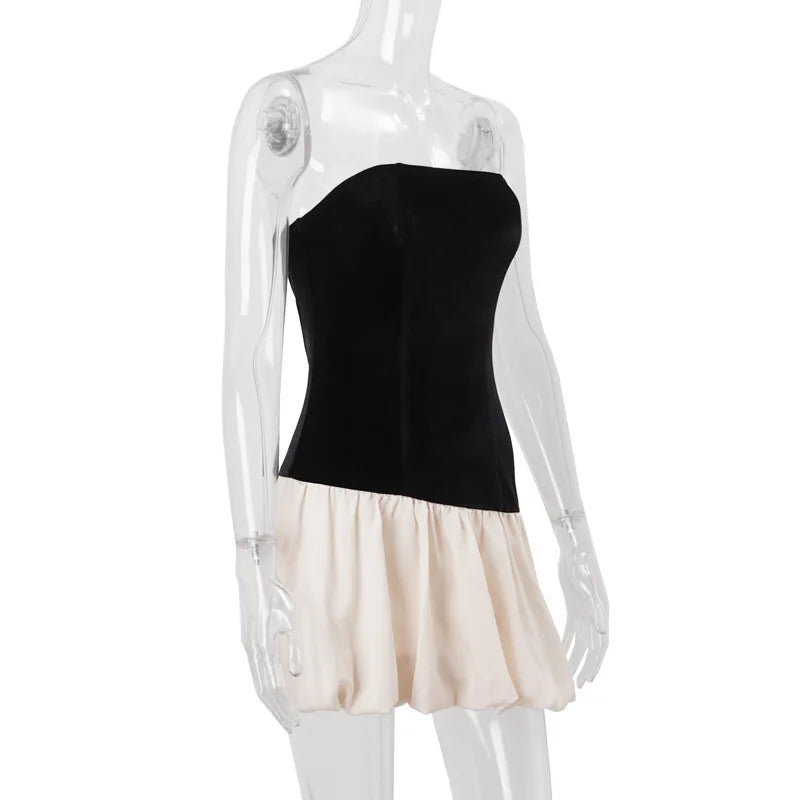 Mini strapless dress with asymmetrical balloon design, velvet top and satin bottom - Dua