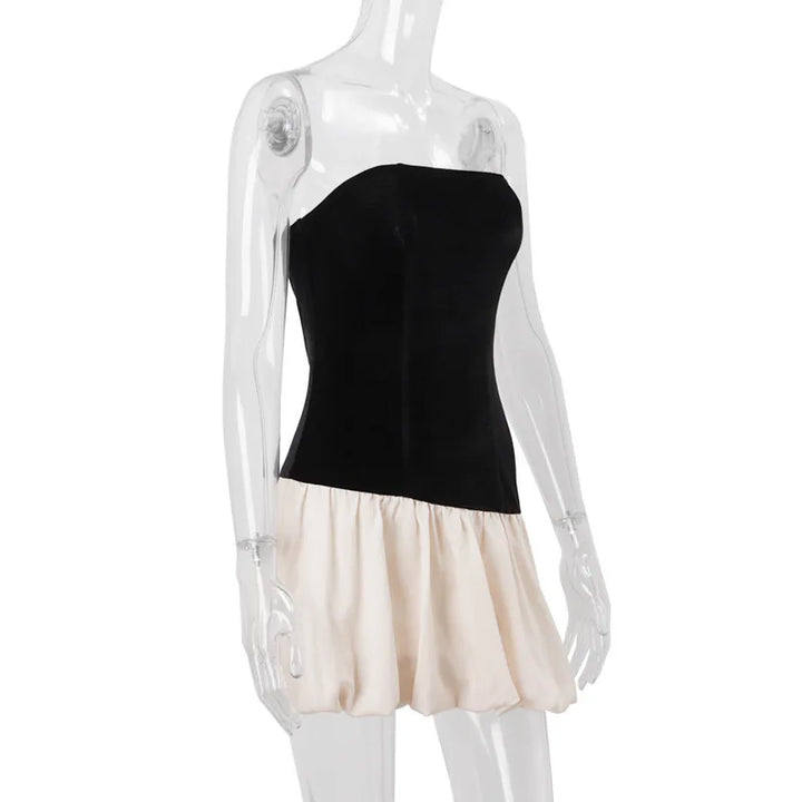 Mini strapless dress with asymmetrical balloon design, velvet top and satin bottom - Dua