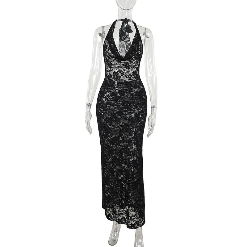 Lace Maxi Dress with Open Back and Draped Collar - Vanilia