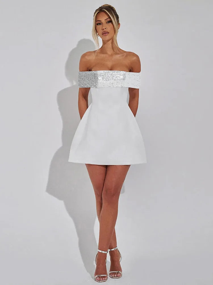 A-Line Mini Dress with Off-Shoulder Sequin Decoration - Lorian