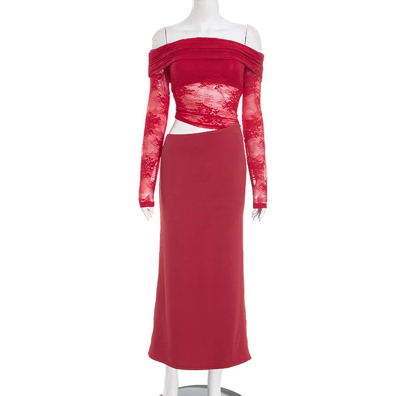 Maxi off-shoulder dress with lace and neckline design - LOLA