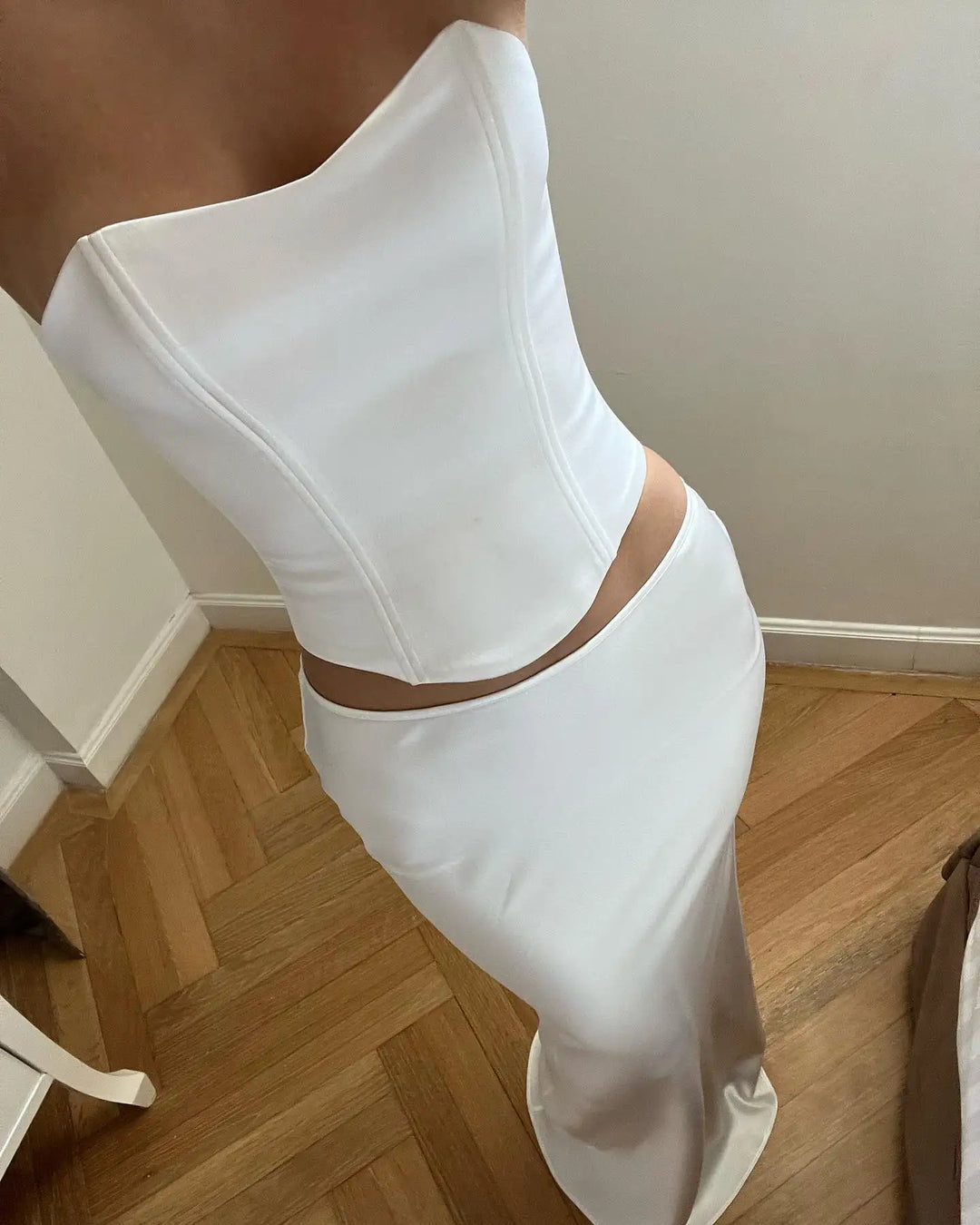 Two-Piece Satin Set with Strapless Top and Maxi Skirt - Siana