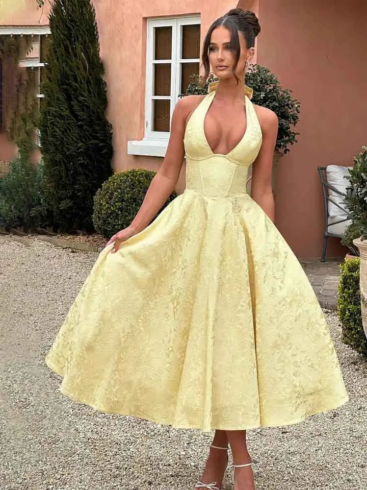 Midi A-Line Dress with Neck Tie, Open Back, Floral Embroidery Detail - Flora
