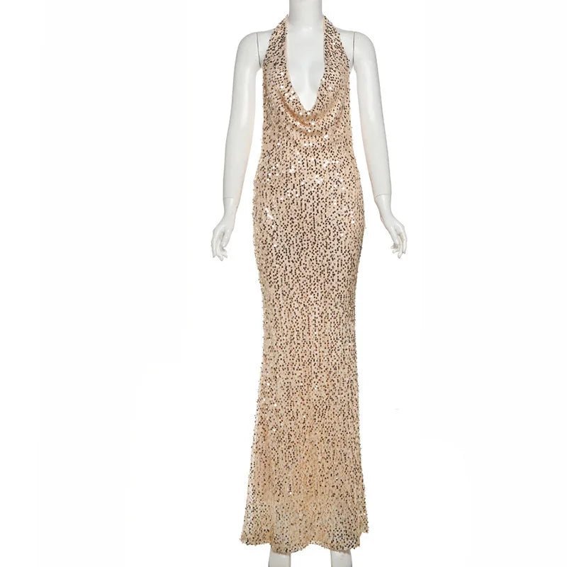 Sequin Maxi Dress with Open Back and Draped Collar - Arabella