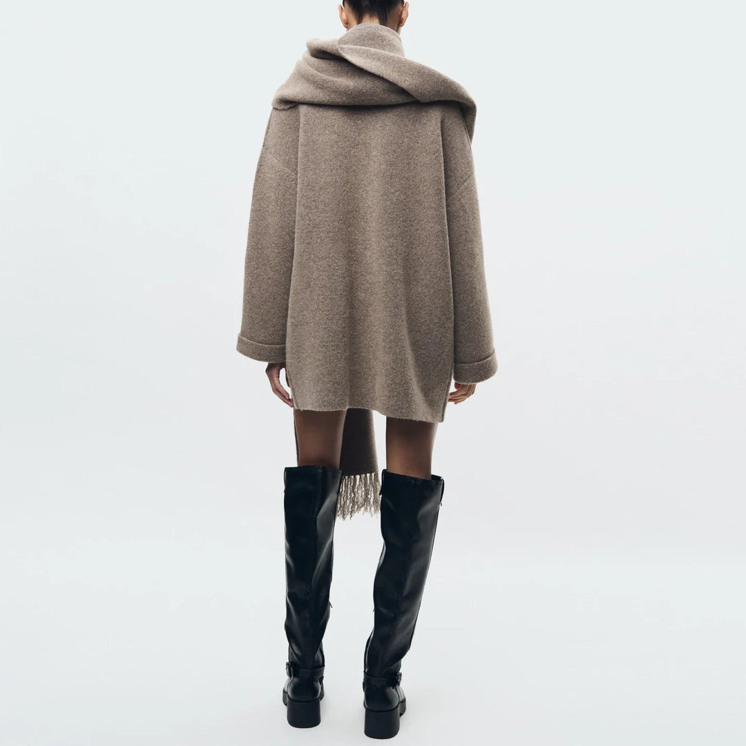 Wool Coat with Scarf Design, Button and Pocket Details - Lorenzo