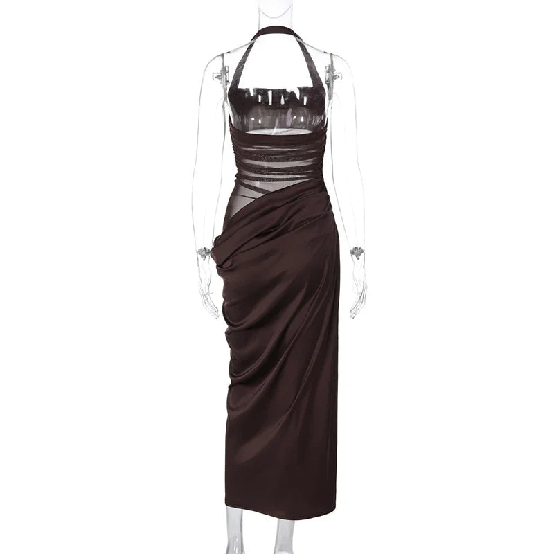 Satin Maxi Dress with Gathered Mesh Top and Open Back - Arya
