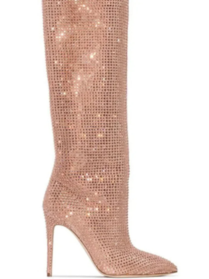 High Pointed Heel Boots with Sparkling Rhinestone Design - Josie