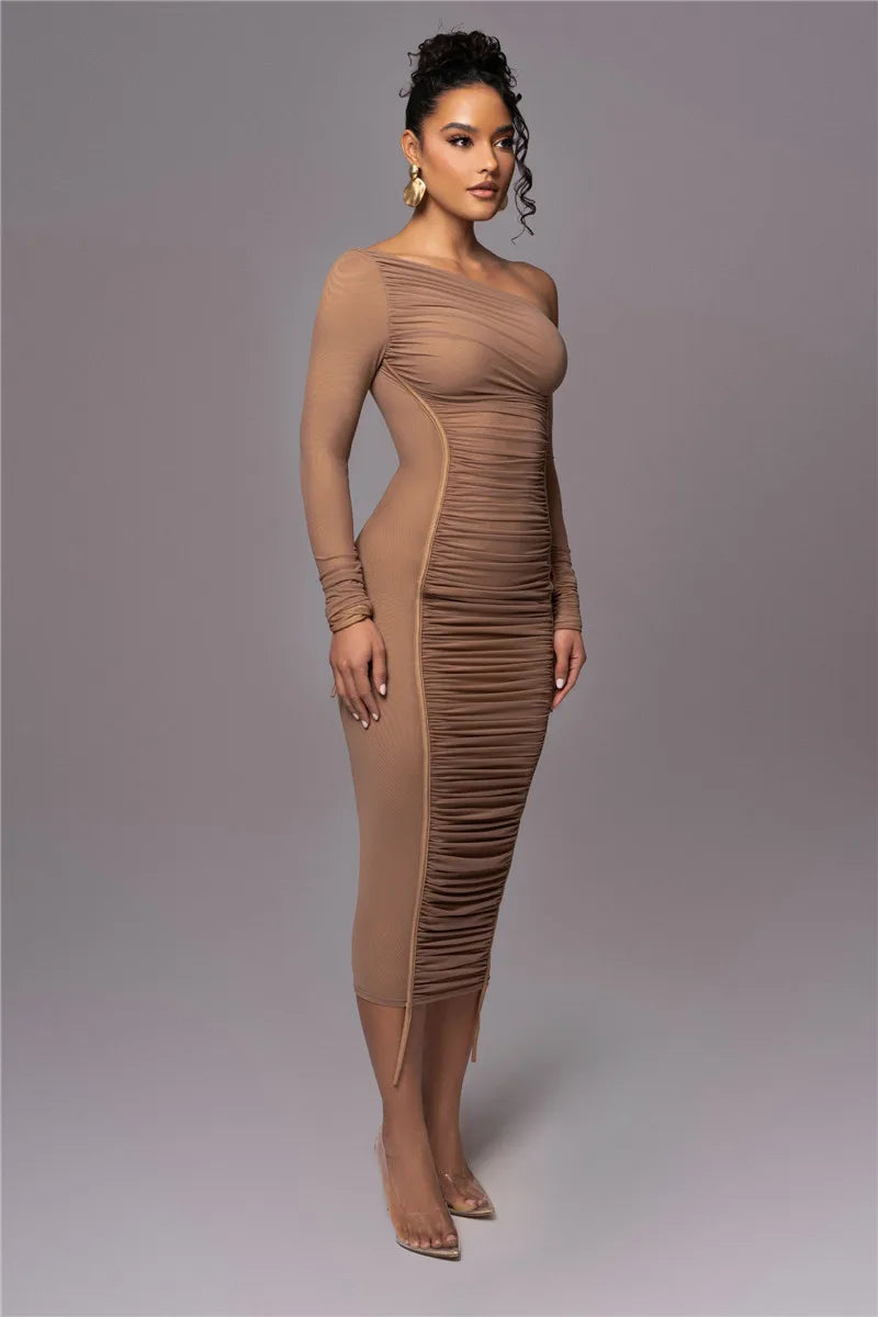 Midi ruched dress with asymmetrical neckline - LOV