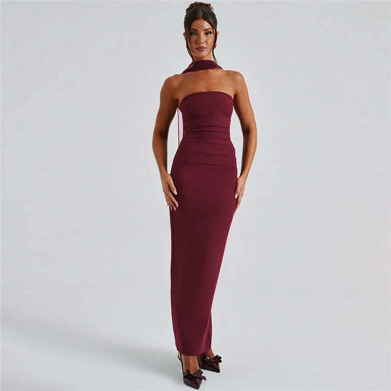 Maxi strapless dress with glove and chiffon scarf decoration - Annabel
