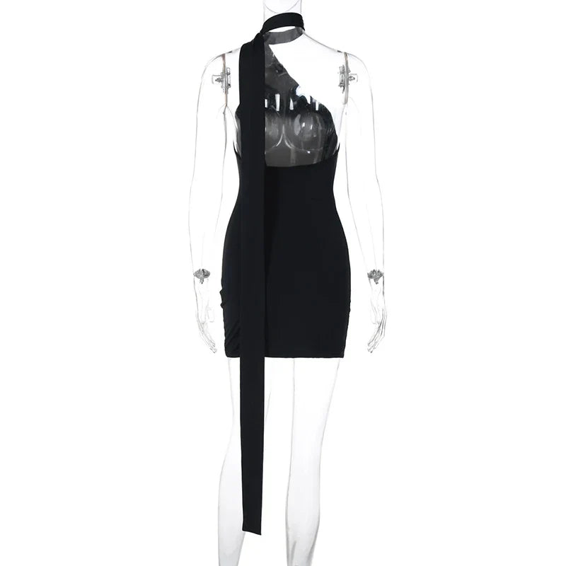 Mini Dress with Open Back, Asymmetric Collar, and Neck Tie Decoration - Rain