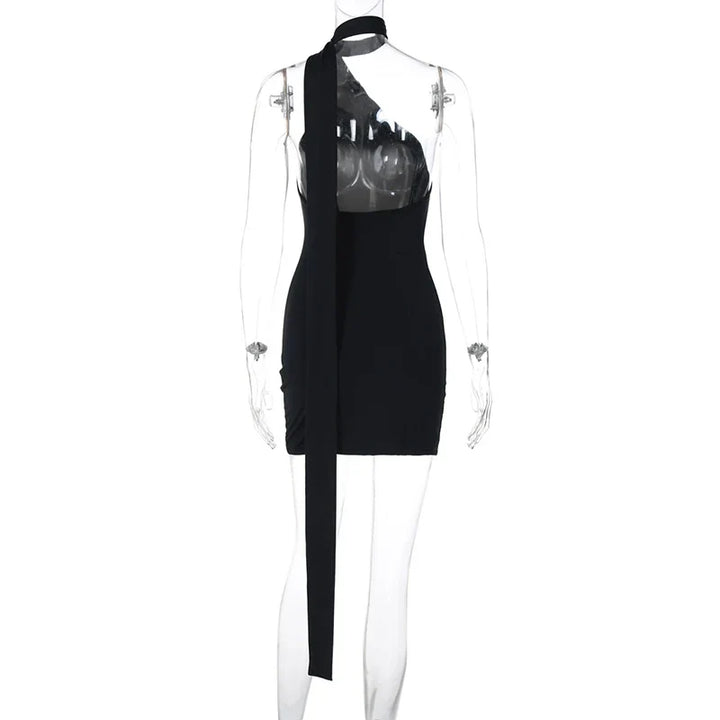 Mini Dress with Open Back, Asymmetric Collar, and Neck Tie Decoration - Rain