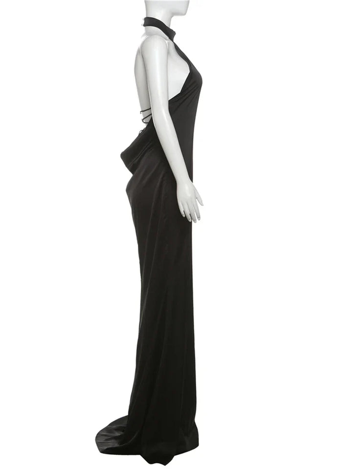 Maxi Satin Dress with Collar and Open Back - Aliya