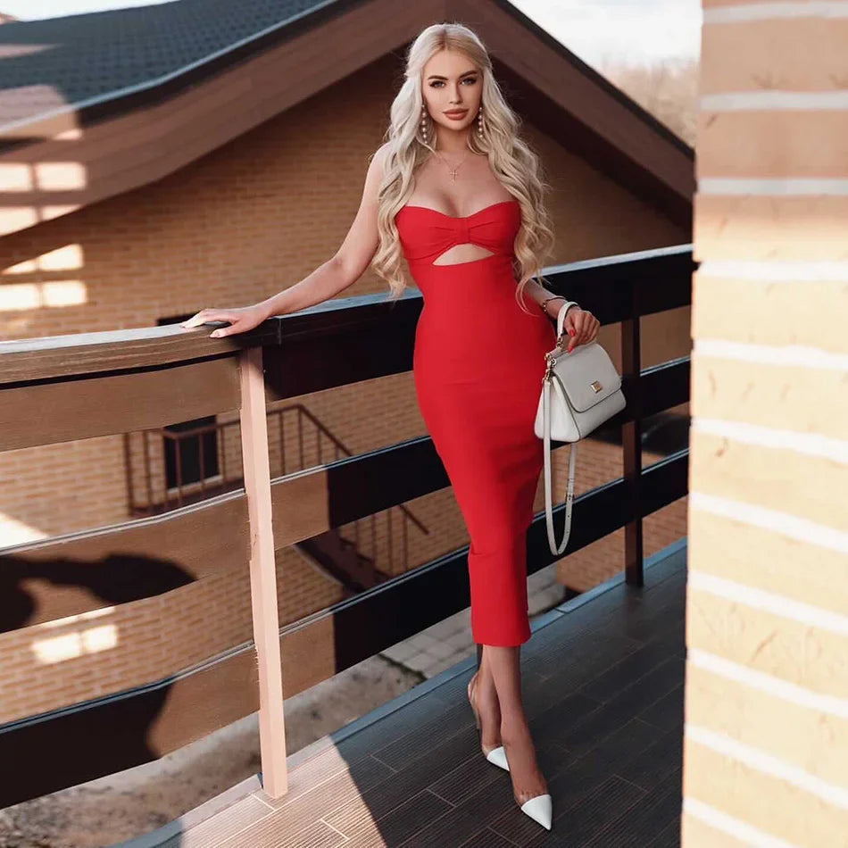 Fitted Midi Dress with Shaping Fabric and Cutout Design - Nili