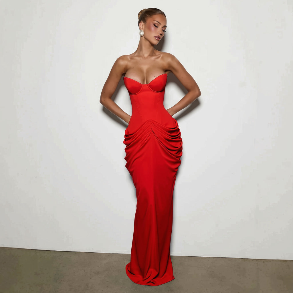Nalia strapless maxi dress with pleats, corset design, back tie, and waist-cinching fit