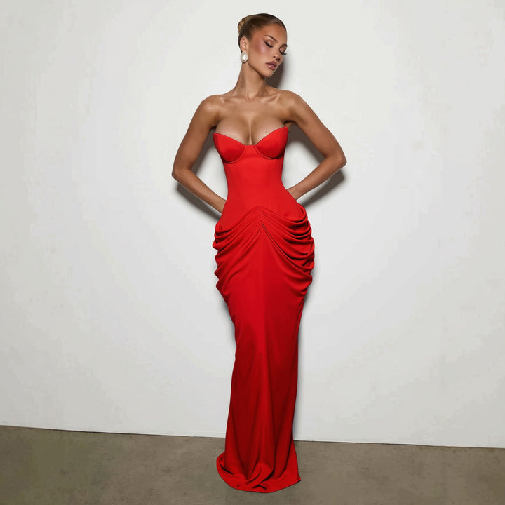 Nalia strapless maxi dress with pleats, corset design, back tie, and waist-cinching fit
