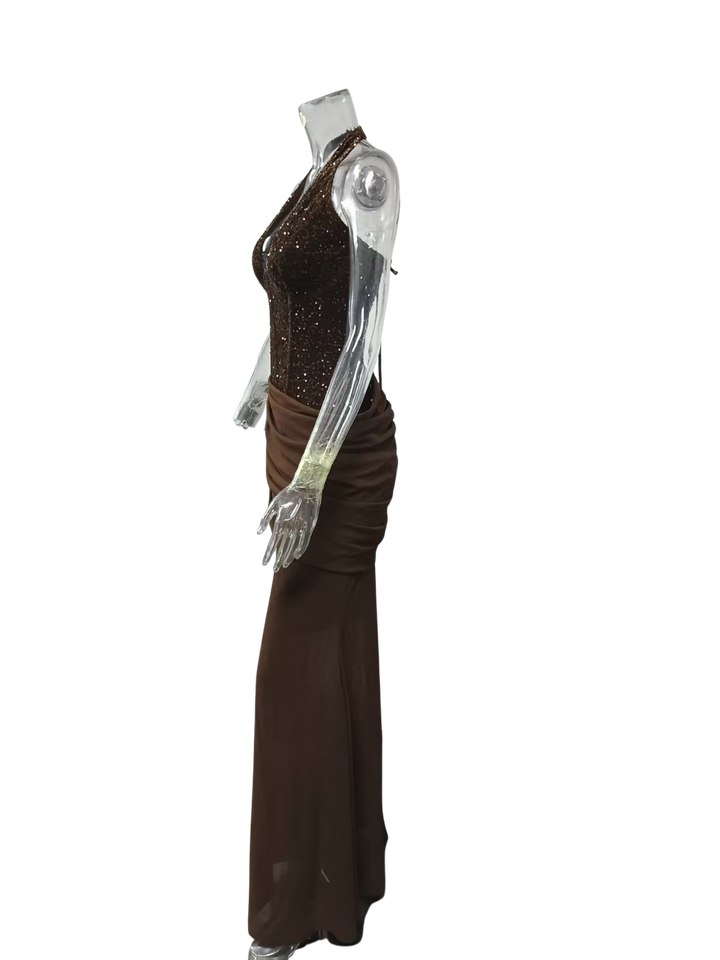 Maxi Dress with Sequin Design, Closure at Exposed Back, and Back Tie for Waist Fitting - Liana