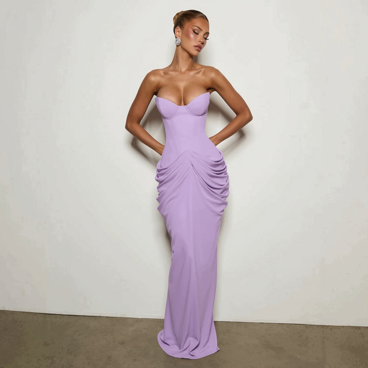 Nalia strapless maxi dress with pleats, corset design, back tie, and waist-cinching fit