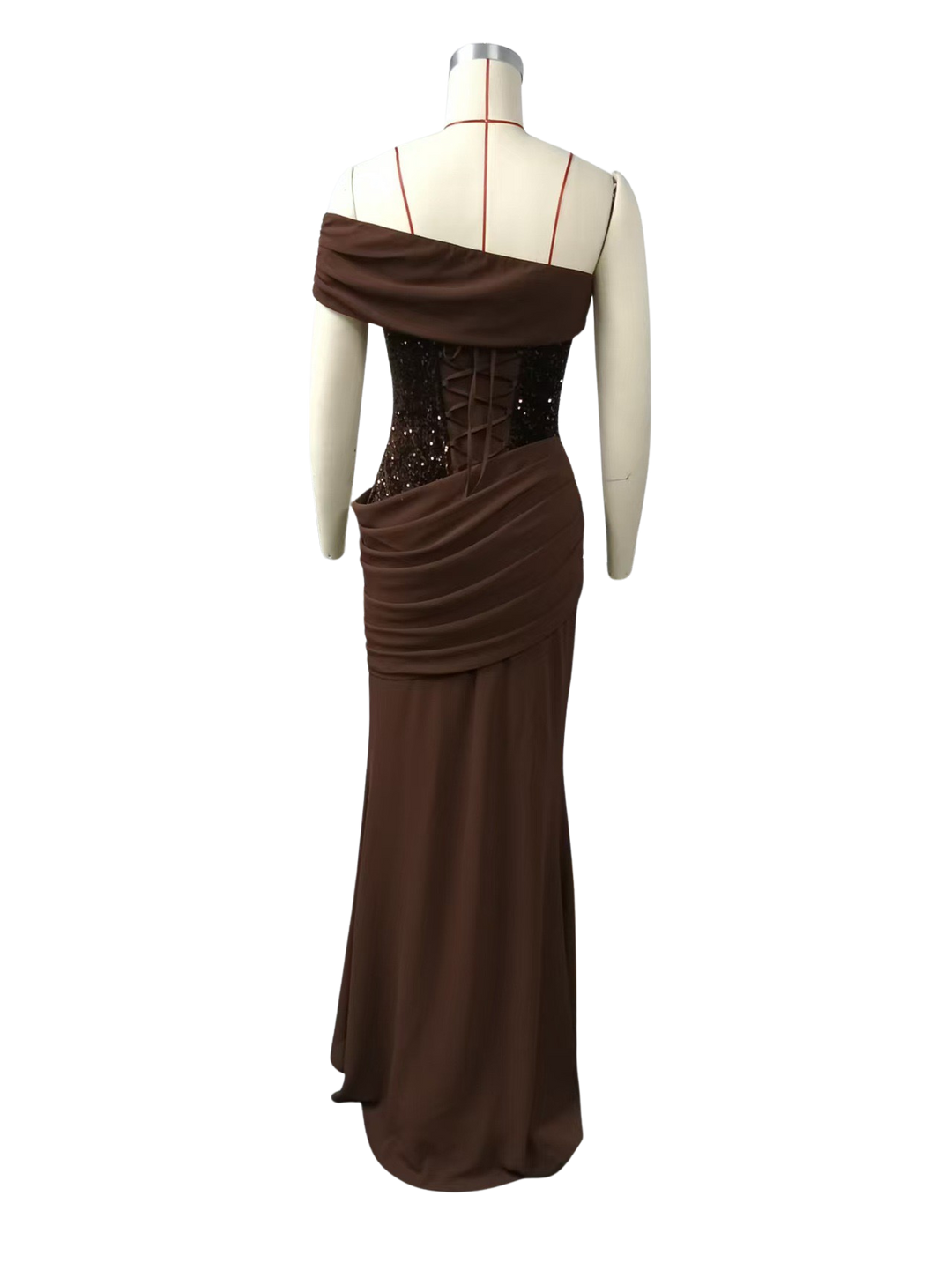 One-Shoulder Maxi Dress with Pleats, Sequins, and Back Tie for Waist Fitting - Sydney