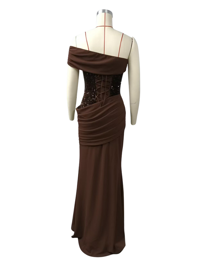 One-Shoulder Maxi Dress with Pleats, Sequins, and Back Tie for Waist Fitting - Sydney