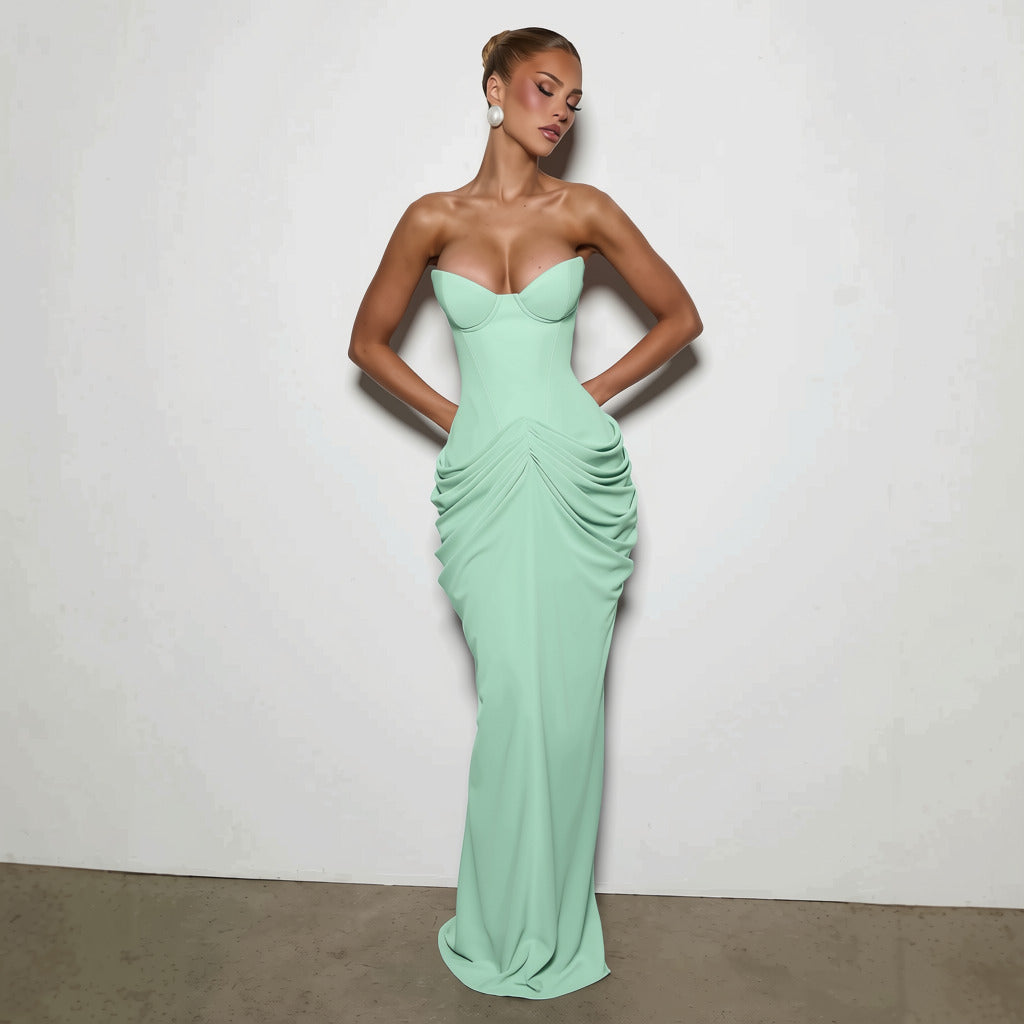 Nalia strapless maxi dress with pleats, corset design, back tie, and waist-cinching fit