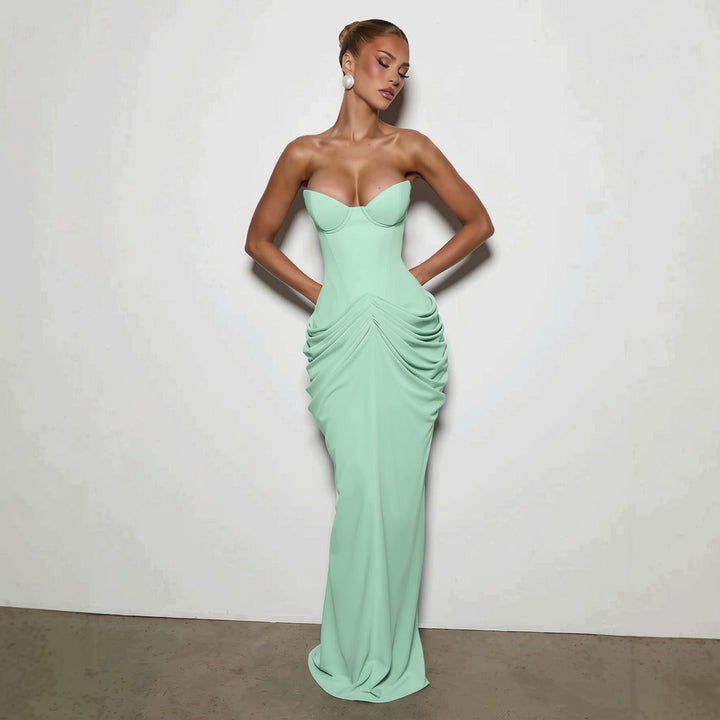Nalia strapless maxi dress with pleats, corset design, back tie, and waist-cinching fit