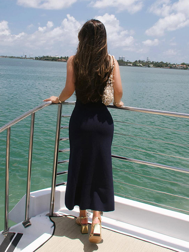 Elegant Knitted Midi Dress with Button Decoration and Small Slit - Pierre