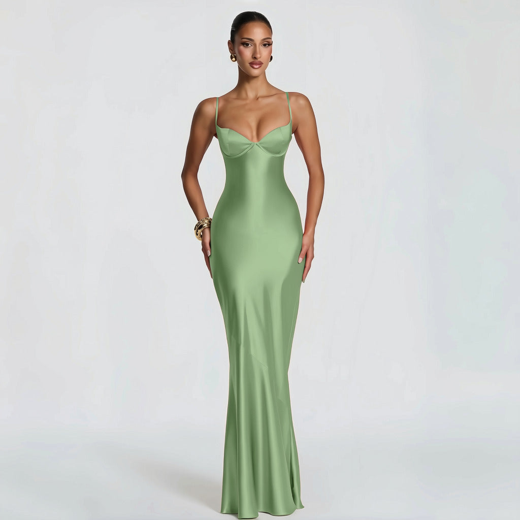 Alaia satin maxi dress with a back tie and waist-cinching design