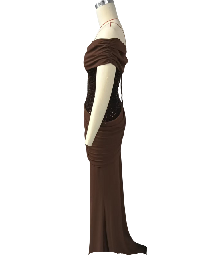 One-Shoulder Maxi Dress with Pleats, Sequins, and Back Tie for Waist Fitting - Sydney
