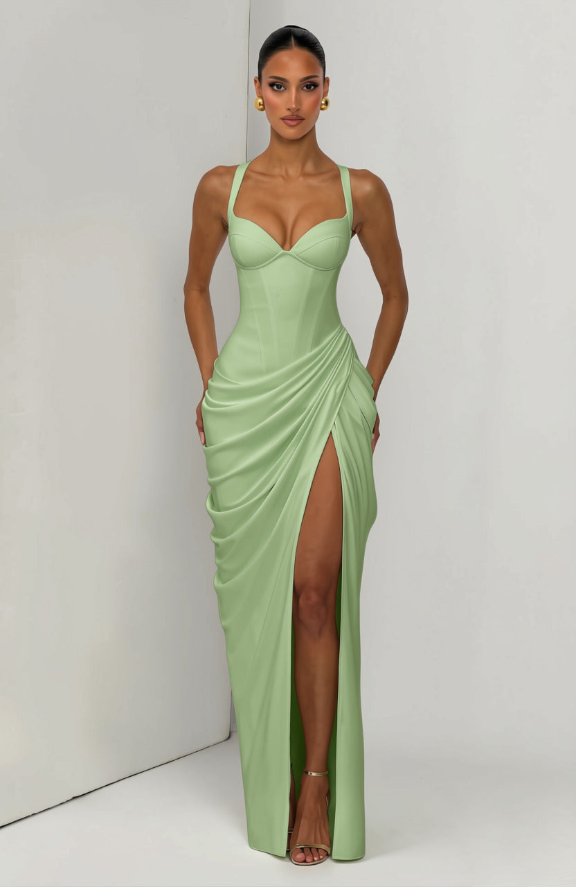 Layla maxi dress with a slit, pleats, corset design, back tie, and waist-cinching fit