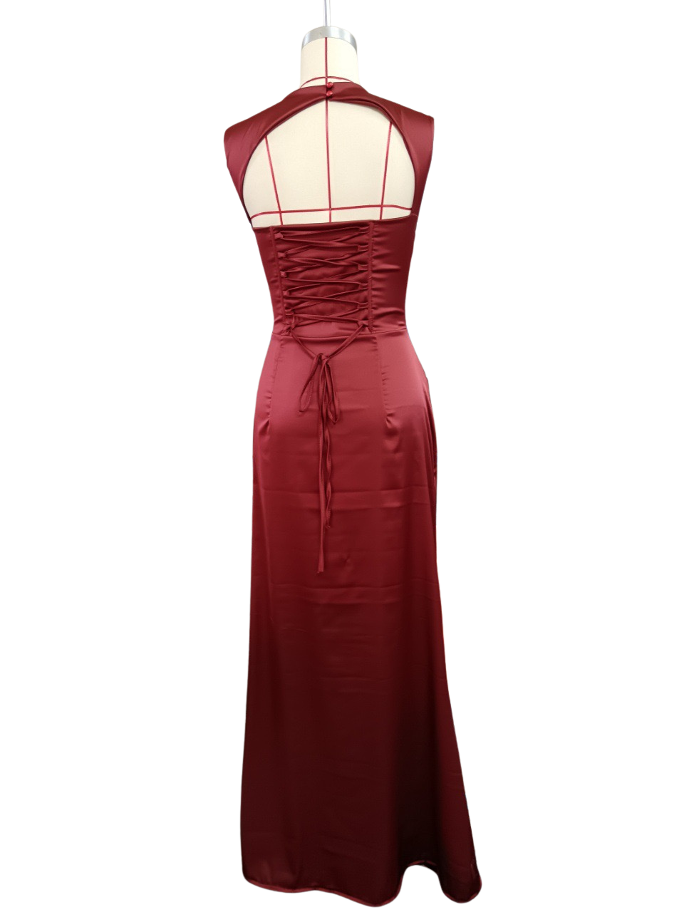 Satin maxi dress with a back tie for a cinched waist and open back – YAHALI
